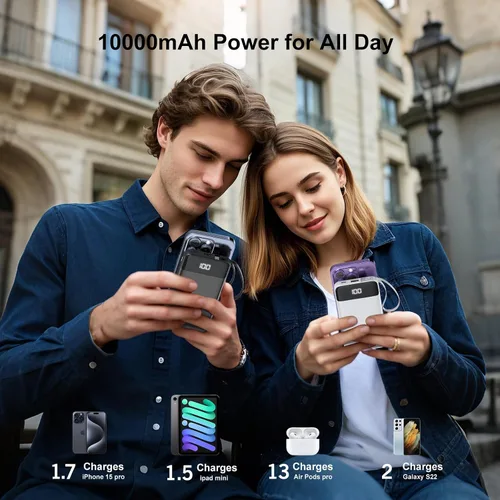 Vista 6 de penaover Cargador Portátil 10000mAh Power Bank con Cable Incorporado, 5 Salidas 2 Entradas Esencial de Viaje Paquete de Batería Externa con Pantalla