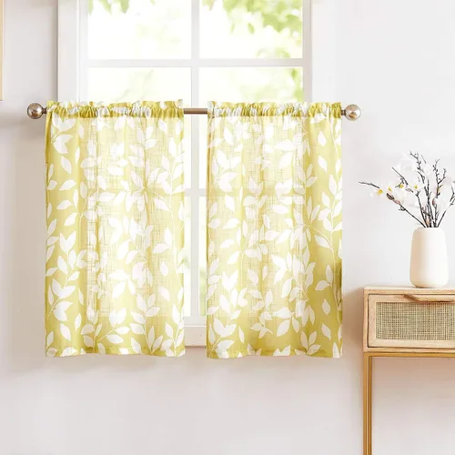 Vista 17 de Treatmentex Cortinas azules de cocina de 24 pulgadas con estampado de hojas blancas cortas para ventanas pequeñas, 2 paneles