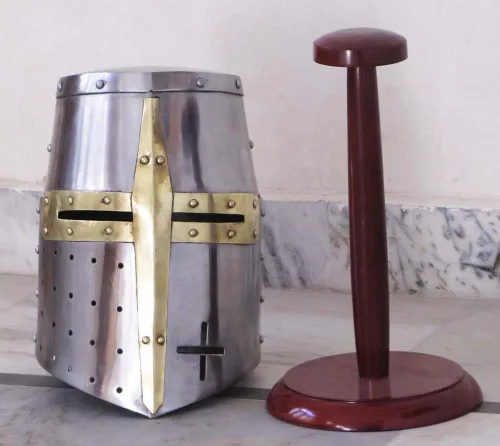 Vista 4 de THORINSTRUMENTS (con dispositivo) Casco medieval de armadura de caballero de los templarios con soporte de madera, griego, espartano, romano