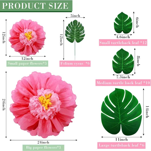 Vista 2 de Canlierr Paquete de 40 suministros de decoración de fiesta tropical, papel de seda grande, flores de hibisco, hojas de palma sintéticas, juego