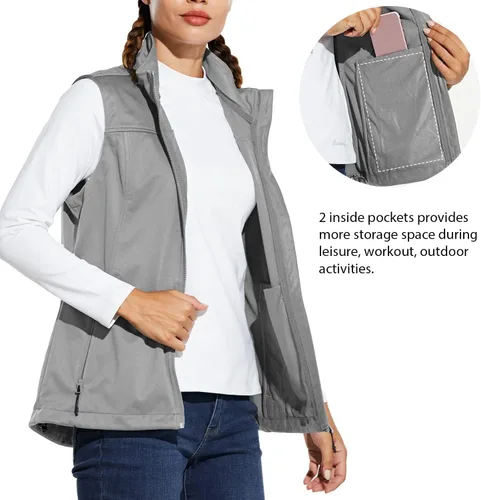 Vista 5 de BALEAF Chaleco ligero Softshell sin mangas para mujer, resistente al viento, cuello alto con bolsillos con cremallera, correr, senderismo, golf