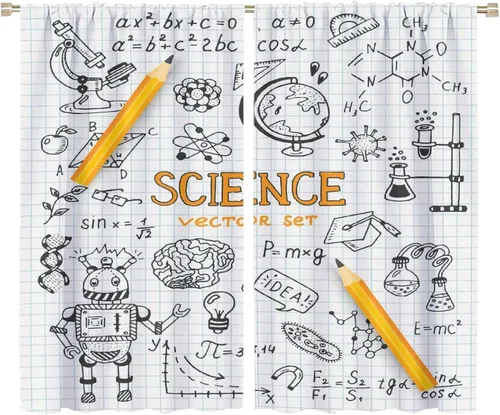 Vista 89 de Cortinas opacas para ventanas de ciencia para niños, lupa de libro de laboratorio de ciencia, lupa, frascos moleculares, cortinas impresas