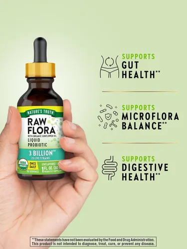 Vista 5 de Nature's Truth Raw Flora USDA Probiótico líquido orgánico Formulado por médicos 25 mil millones de cepas vivas Suplemento vegano y sin gluten