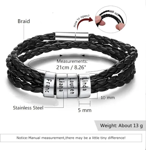 Vista 5 de Pulseras de identificación personalizables de cuero negro trenzado para hombre y mujer con 2-5 nombres grabados en cuentas personalizadas pulsera