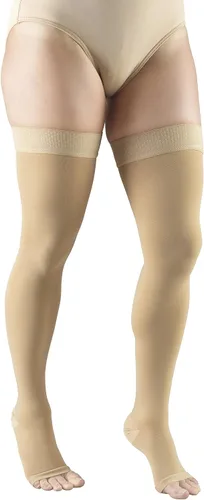 Vista 3 de Truform - Medias de compresión 30-40 mmHg para hombres y mujeres, longitud hasta el muslo, parte superior con lunares, punta abierta, color beige