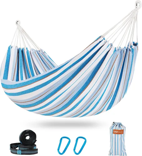 Vista 11 de Lazy Daze Hammocks Hamaca doble brasileña de algodón, hamaca portátil extragrande para acampar al aire libre con correas para árboles y bolsa