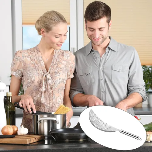 Vista 7 de Paquete de 2 coladores de acero inoxidable para grasa, para pasta, escurridor de mano para diferentes ollas, herramienta de cocina