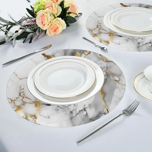 Vista 4 de Round Placemats Set of 1, White Golden Marble Pattern Heat Resistant Washable Place Mats Table Mat for Kitchen Dining Party