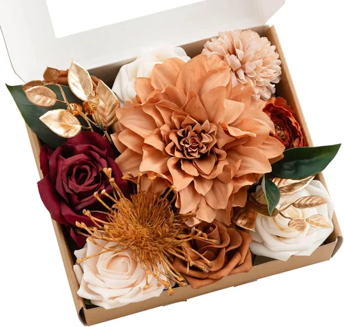 Vista 10 de Ling's moment Caja de flores falsas, tallos de vegetación artificiales artificiales, rosas de espuma, dalia, gardenia, tulipán, flor fábica de seda