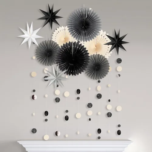Vista 3 de Cheerland Decoraciones de fiesta de estrellas blancas y negras, guirnalda gótica de verano, guirnalda de papel colgante con purpurina para colgar