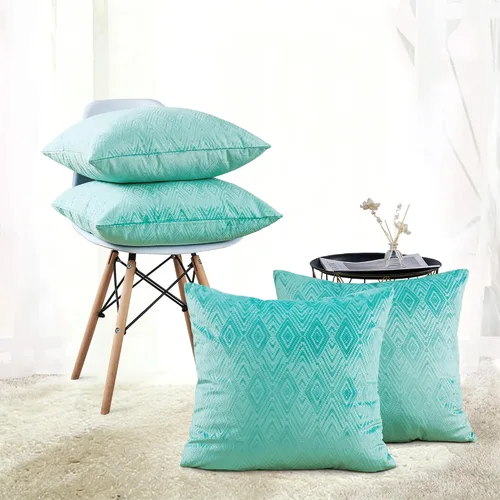 Vista 3 de Juego de 4 fundas de almohada cuadradas decorativas de terciopelo con diamantes de 20 x 20 pulgadas, fundas de almohada geométricas suaves para Aqua
