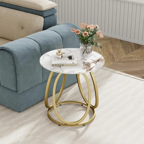 Vista 6 de O&K FURNITURE Mesa auxiliar dorada para sala de estar, mesa auxiliar redonda con piedra de mármol, mesita de noche con marco de metal