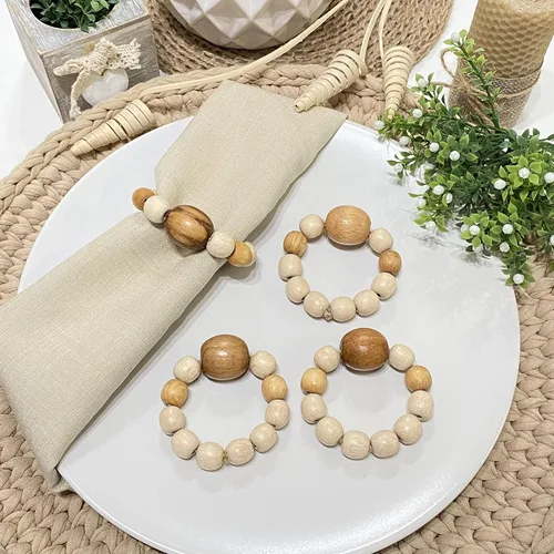 Vista 4 de Juego de 6 servilleteros de madera con cuentas de madera Servilleteros de madera rústica para decoración de mesa, hecho a mano, servilleta LEBEJUA