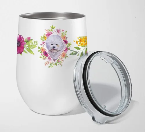 Vista 77 de Caroline's Treasures CK4110TBL12 Afghan Hound Pink Flowers - Vaso de vino aislado de acero inoxidable de 12 onzas con tapa, bonita taza de viaje