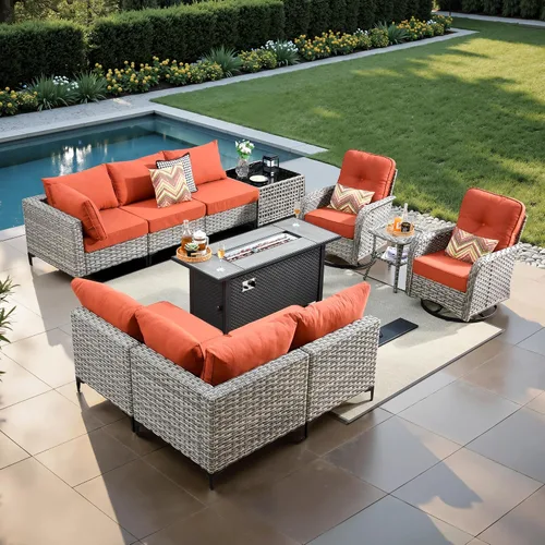 Vista 44 de ovios Muebles de patio de 8 piezas con hoguera, juego de conversación de mimbre de ratán para exteriores con mesa de centro brillante, cómodo sofá