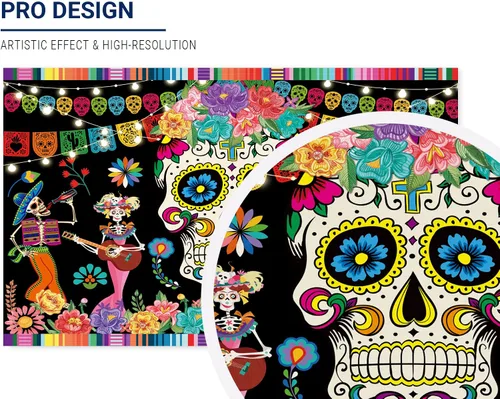Vista 2 de Allenjoy Día de los Muertos Fondo Mexicano Dia DE Los Muertos Fotografía Fondo Fiesta Calavera Azúcar Fiesta Banner Suministros Decoración Cabina
