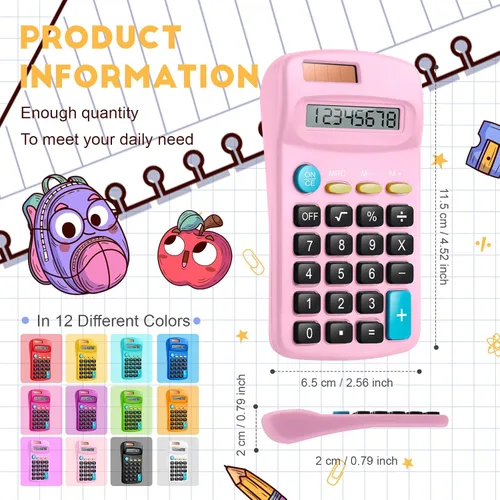 Vista 2 de Paquete de 12 mini calculadoras básicas de tamaño de bolsillo para estudiantes en ángulo de mano, pantalla de 8 dígitos, batería solar, calculadora
