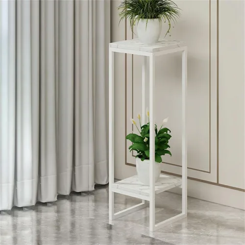 Vista 13 de Mesa cuadrada simple de madera de varios niveles con estante de almacenamiento, soporte para maceta de hierro forjado para sala de estar en Negro