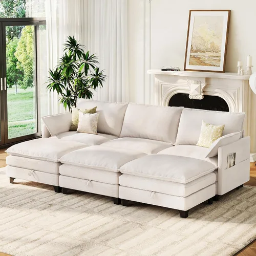 Vista 18 de Sofá modular moderno en forma de L de 106 pulgadas, sofá nube de felpilla con otomana de almacenamiento, sofás de asiento profundo con bolsillo Verde