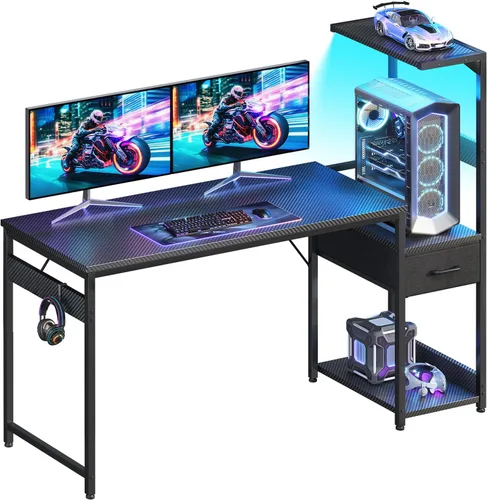 Vista 8 de Casaottima - Escritorio para juegos de 48 pulgadas con luces LED y soporte Negro fibra de carbono
