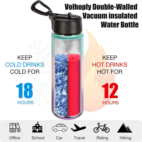 Vista 3 de Volhoply Botellas de Agua Aisladas con Pajita a Granel Paquete de 2, Botella Deportiva de 22 oz con Tapa con Asa, Botellas de Agua al Vacío de Doble
