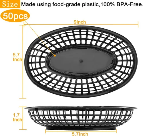 Vista 2 de Paquete de 50 cestas de plástico negro para alimentos de 9 x 5.7 pulgadas, ovaladas para freír comida rápida, cestas de plástico para perros