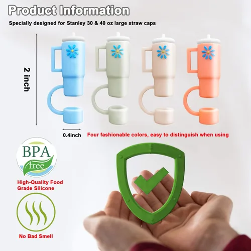 Vista 4 de Fundas de paja de silicona compatibles con vasos Stanley, paquete de 4 adornos de paja para tazas de 30 y 40 onzas