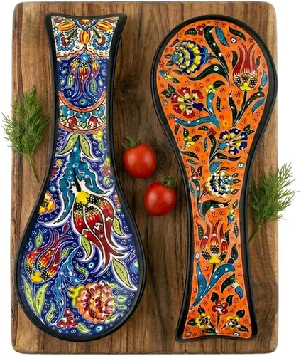 Vista 6 de Juego de 2 cucharas de cerámica turca para encimera, decoración de cocina para encimera, hecho a mano, apto para lavavajillas