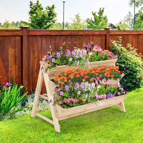 Vista 2 de Giantex Cama de jardín elevada, maceta vertical con estante de almacenamiento, maceta elevada de 3 niveles con ganchos laterales, cama de jardín