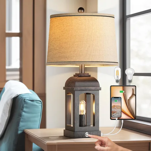 Vista 9 de QiMH Lámpara de mesa para sala de estar, lámparas de granja con USB A+C y luz nocturna, lámparas de noche rústicas de 26" con control táctil