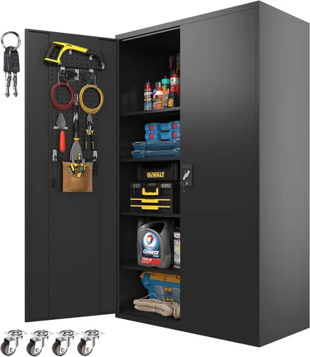 Vista 8 de Gabinete de almacenamiento de metal ancho mejorado, gabinete de garaje con cerradura de 72 pulgadas con ruedas y 4 estantes ajustables, gabinete