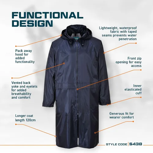 Vista 3 de Portwest S438 - Chubasquero largo para hombre, ligero, impermeable, clásico