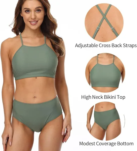 Vista 5 de Bikini tipo top CharmLeaks para mujer, bikini de dos piezas con cuello alto, ropa de baño