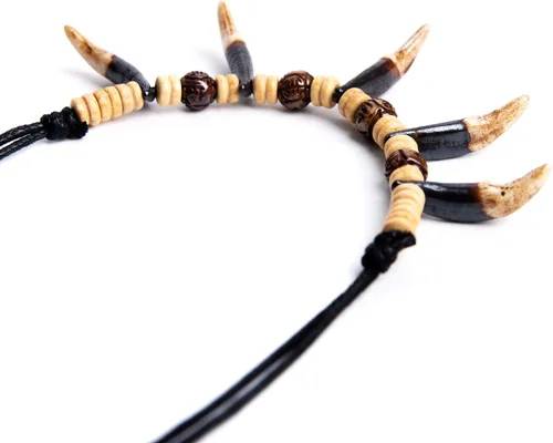 Vista 3 de Collar unisex de búfalo tallado con cuentas de diente de cuentas de tribu india, collar de hombre de las cavernas, Madera