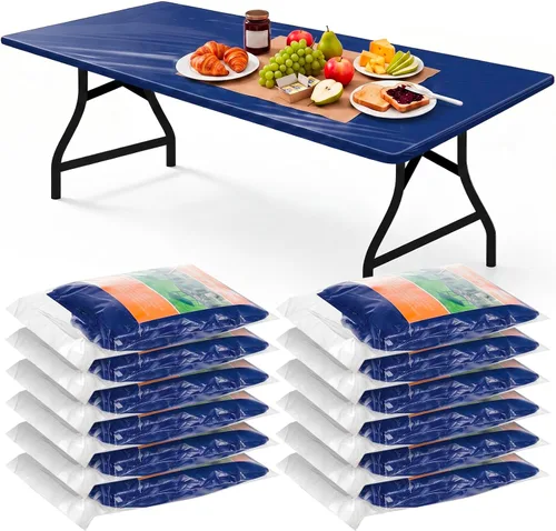Vista 10 de Boao 12 piezas de manteles de plástico desechables para mesas con borde elástico ajustable, manteles rectangulares impermeables para mesas de Azul