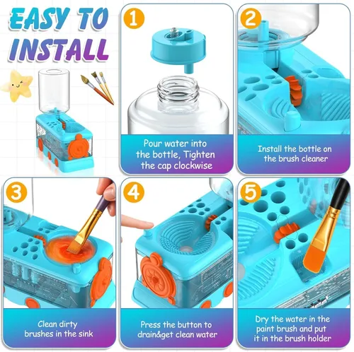 Vista 4 de Kit de limpieza de pinceles para niños con 5 pinceles, bata de arte, tapete lavable, guía, tarro limpiador de pinceles en espiral para acuarela