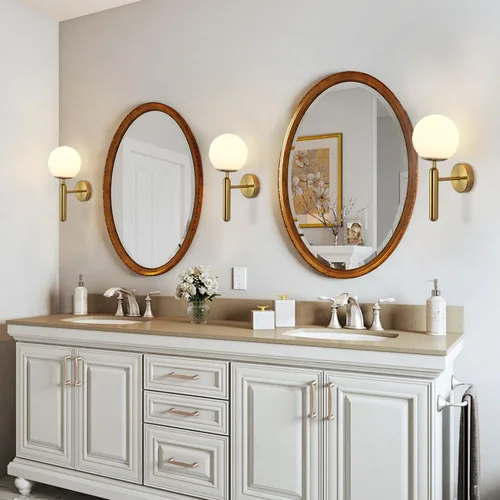 Vista 9 de KCO Lighting - Juego de dos apliques de pared de latón con forma de globo de vidrio de leche, aplique de pared dorado cepillado, modernos accesorios