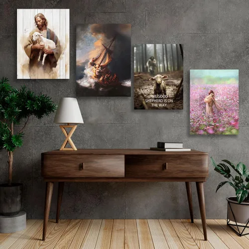 Vista 5 de Lienzo decorativo cristiano para pared, póster de Jesús rescatando a las ovejas perdidas, impresión del buen pastor está en camino, póster religioso