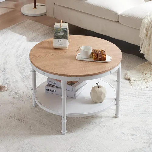 Vista 9 de VINGLI - Mesa de café de granja redonda de nogal oscuro y blanco de 25.6", mesa de centro con 2 estantes de almacenamiento para sala de estar