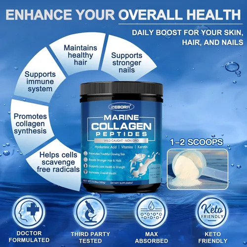 Vista 4 de ZEBORA Polvo de Péptidos de Colágeno Marino con Ácido Hialurónico, Queratina - Colágeno de Pescado Hidrolizado Silvestre con Multivitaminas - Apoyo