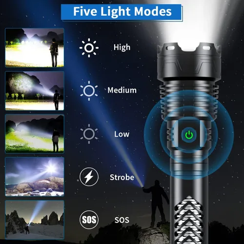 Vista 4 de Linterna LED súper brillante Weoxi, 1000000 lúmenes recargables con mango largo, batería de 10000mAh, 5 modos con zoom para camping al aire libre