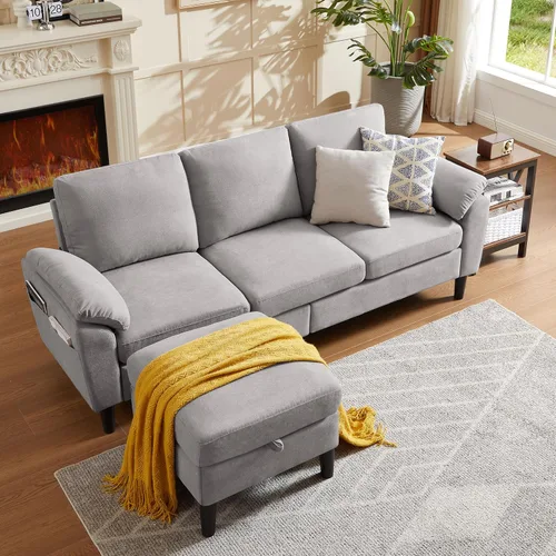 Vista 14 de Juego de 2 sofás para sala de estar, sofás convertibles en forma de L de 3 asientos con otomana y silla decorativa, sofá moderno de lino para Gris