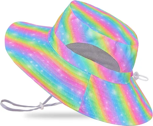 Vista 7 de Sombrero de sol para niñas de 2 a 8 años de malla con protección UV, sombrero de playa plegable para niñas de 2 a 8 años