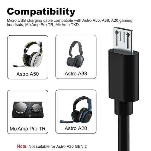 Vista 2 de Zosvoses Cable de carga A50 compatible con auriculares Astro A50, A38, A20, cable de carga micro USB para MixAmp Pro TR, MixAmp TXD, 6.6 pies