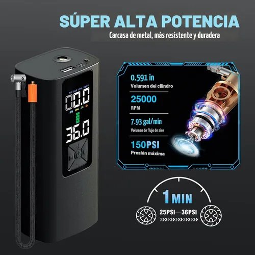 Vista 3 de Inflador de neumáticos, compresor de aire portátil, bomba de aire automática para neumáticos de automóvil, accesorios de automóvil con manómetro