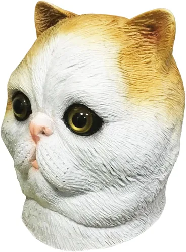 Vista 4 de Off the Wall Toys Máscara facial espeluznante divertida para adultos, disfraz de gato de pelo corto, color blanco y naranja