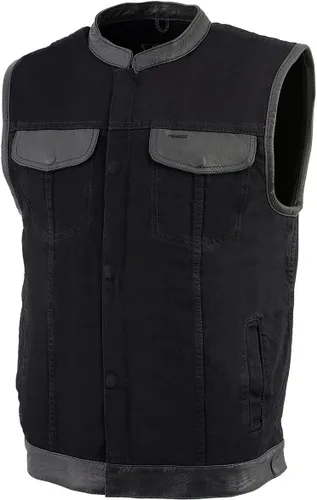 Vista 6 de Milwaukee Leather MDM3010 - Chaleco de motociclista estilo club de mezclilla negra para hombre con ribete de cuero y cremallera oculta