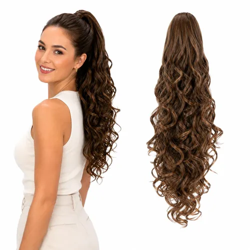 Vista 10 de Prettyshop - Extensión de cola de caballo de 24 pulgadas con clip, larga, voluminosa, ondulada, resistente al calor, color negro H63 Negro # 1 H63