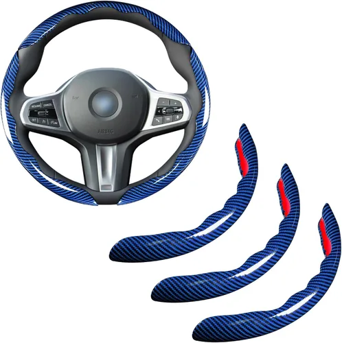 Vista 9 de Juego de fundas para volante de automóvil, funda de fibra de carbono brillante, antideslizante, 3 piezas, accesorios para volante de 14.5-15 negro