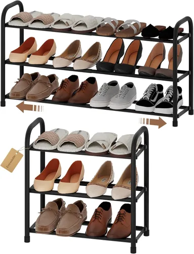 Vista 13 de Zapatero ampliable, zapatero pequeño de metal de 2 niveles, organizador de zapatos ajustable, estante de almacenamiento para armario, entrada